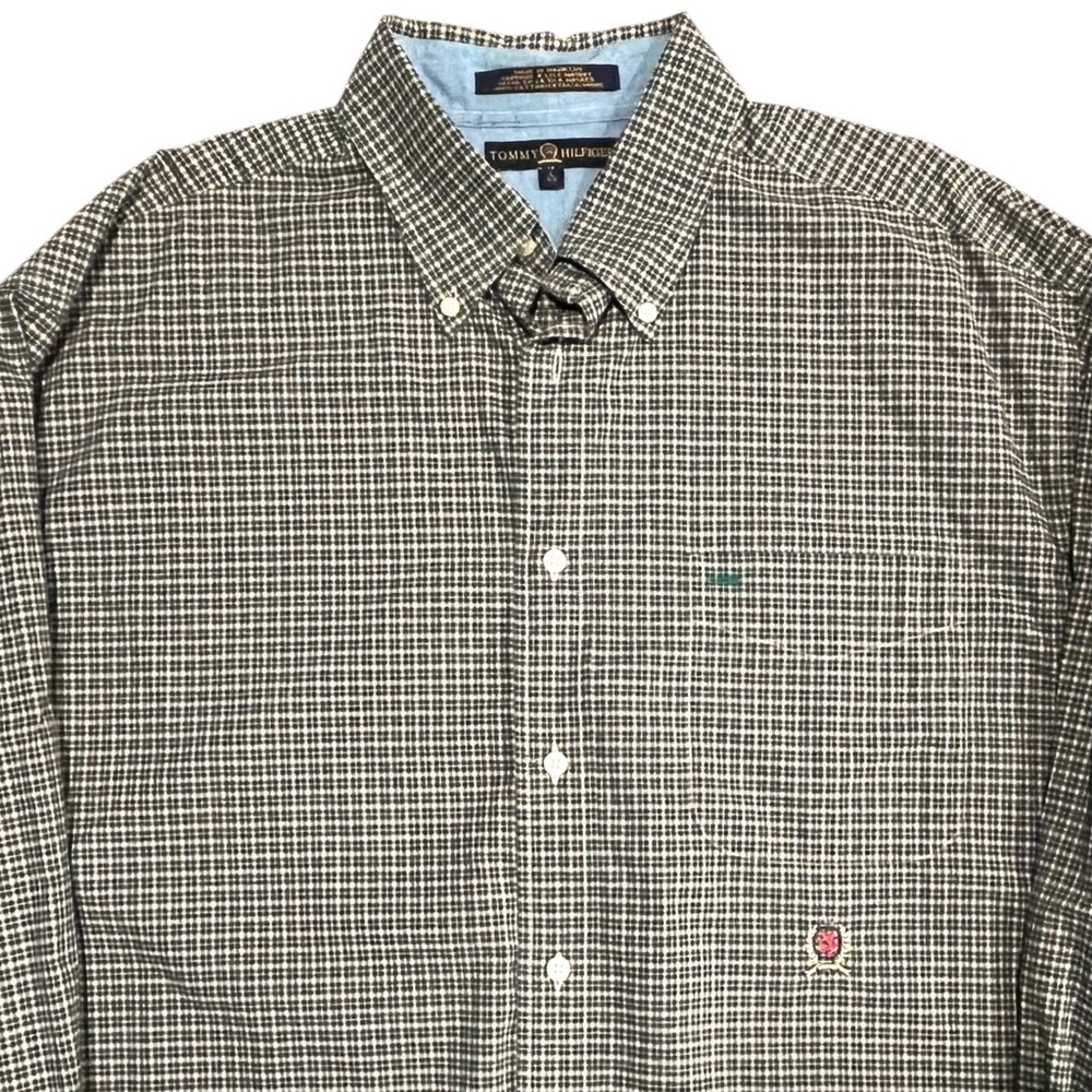 Tommy Hilfiger Shirt Mens Large Plaid Button Down Crest Logo Green Cotton